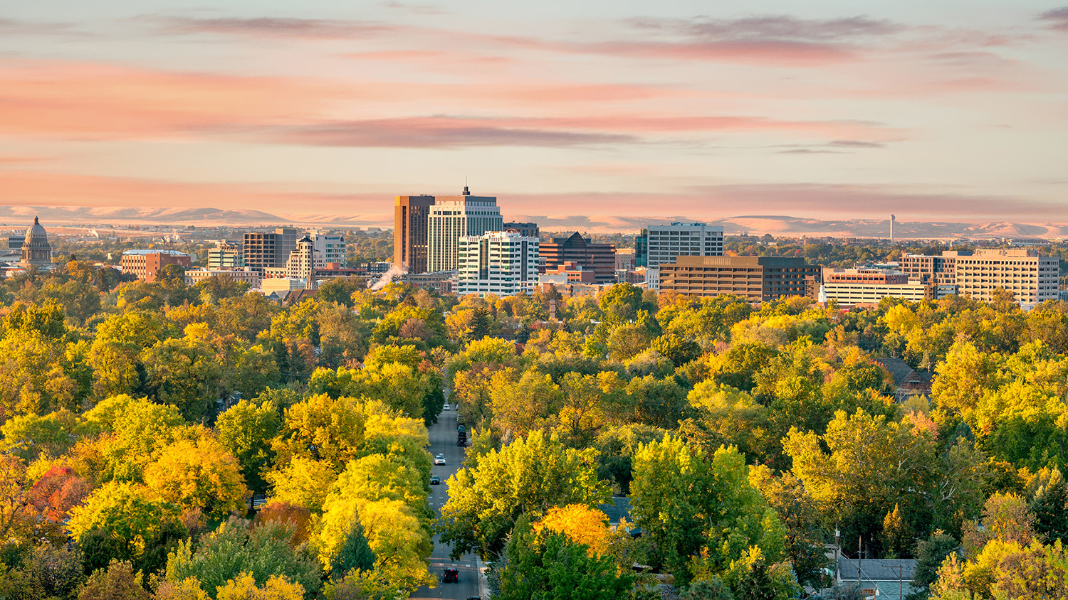Downtown Boise skyline surrounded by colorful fall trees at sunset. 