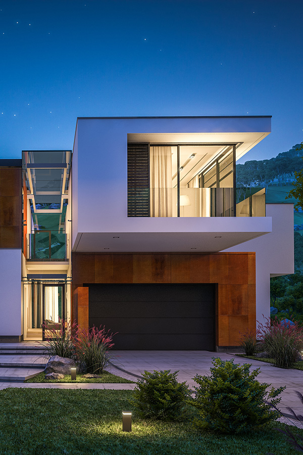 modern black and white farm style home against a purple and gold sunset in Boise Idaho.