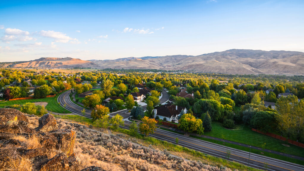Scenic Boise neighborhood with tree-lined streets and foothill views in Idaho.