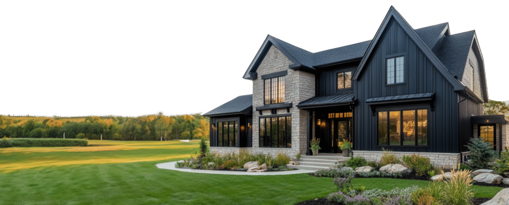 modern farm style home at sunset in boise idaho