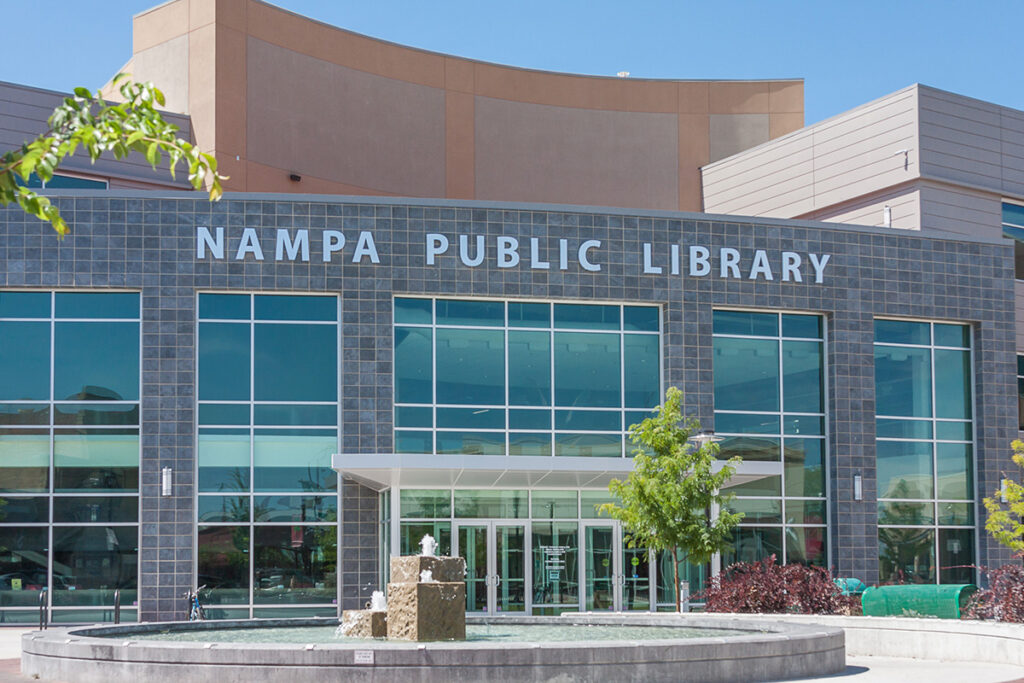 Nampa Public Library exterior with fountain out front