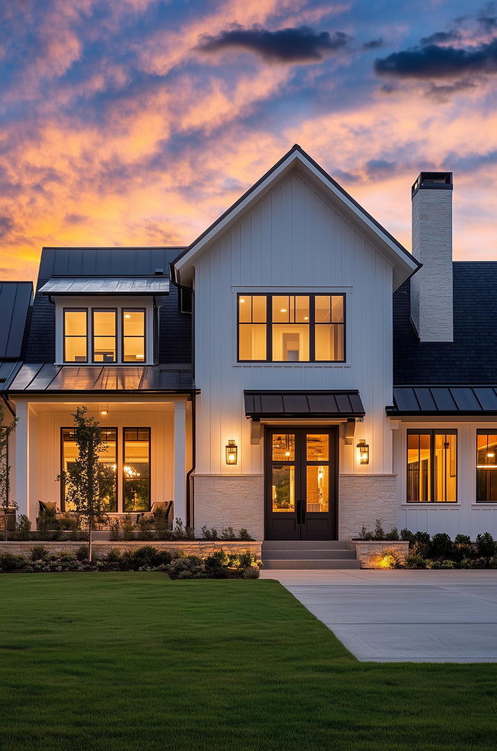 Modern black and white farm style home against a purple and gold sunset in Boise, Idaho.