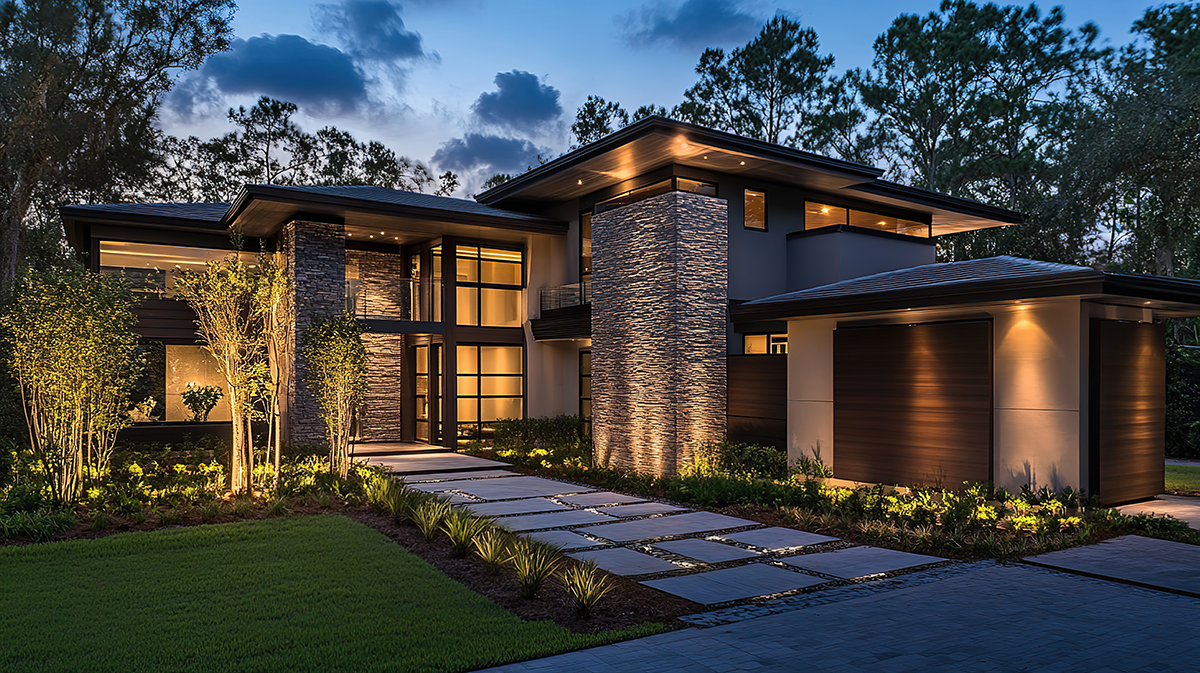 Modern luxury two-story home with stone and wood exterior, lit at dusk in Boise Idaho.